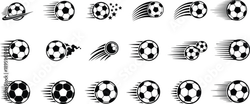 Soccer ball motion silhouette set with speed trails and dynamic movement effects, football action icons isolated on white background vector illustration