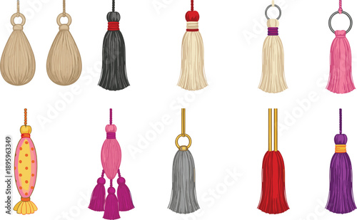 Set of colorful decorative tassels and elegant fringe ornaments in various styles and colors isolated on white background for fashion and home decor design.