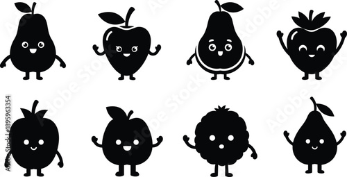 Cute fruit character silhouette icon set apple pear strawberry berry cartoon kawaii black vector mascot collection