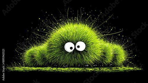 A cartoon creature with a grassy, round body and large eyes set against a black background