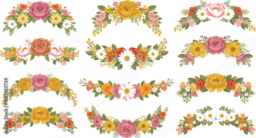 Set of elegant floral arch borders and semi circle bouquets with roses daisies and wildflowers in a flat vector style for wedding invitations.