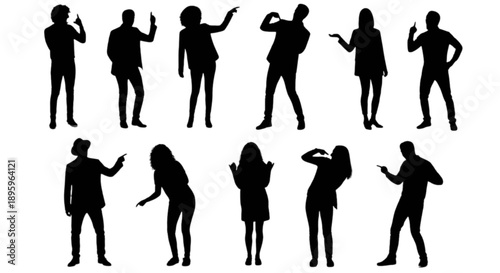 Silhouettes of people in various poses isolated on transparent background