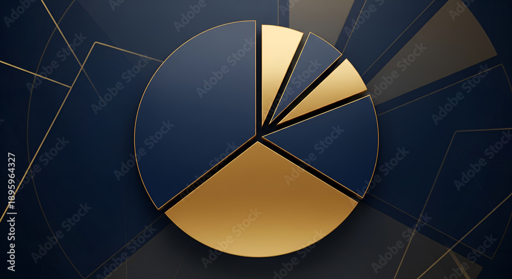 Naklejka premium Luxury Gold and Navy Blue 3D Pie Chart on Dark Geometric Background