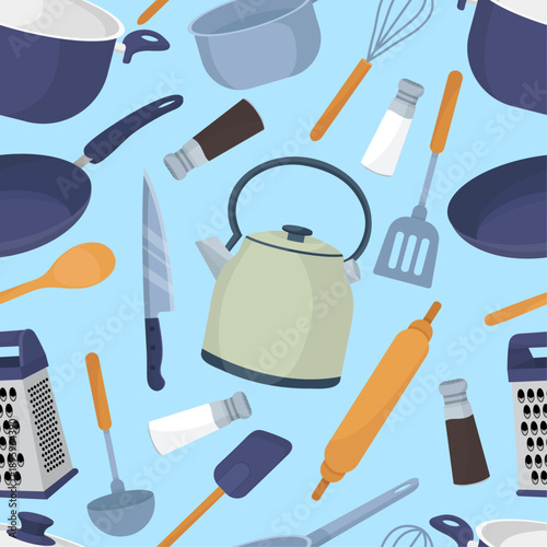 Cooking elements blue pattern frying pan pot kitchen tools whisk ladle kettle wooden spoon