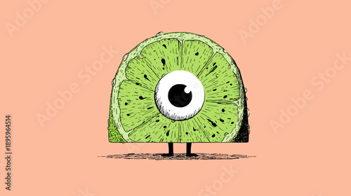 A cartoon creature with a fruit body and a single eye on a peach-colored background