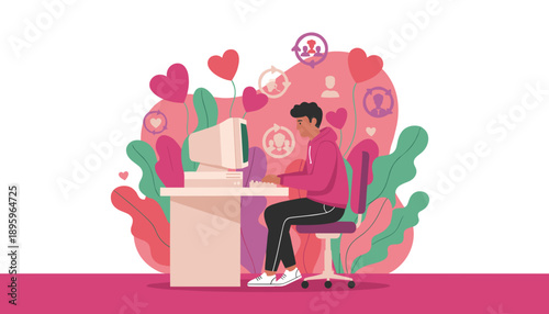 Young man using retro computer for online dating or social networking Digital connection and romance concept