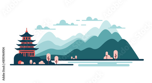 Serene landscape with pagoda and mountains illustration.