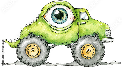 A watercolor painting of a monster truck with an eye as the cabin, painted in green hues