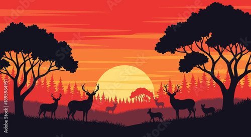 Serene African Savannah Sunset with Deer and Trees Silhouette.