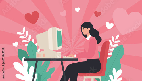 Happy woman finds romance online using a vintage PC Valentines Day or digital dating concept