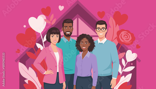 Diverse group smiling in front of a house illustration surrounded by hearts Real estate love and unity