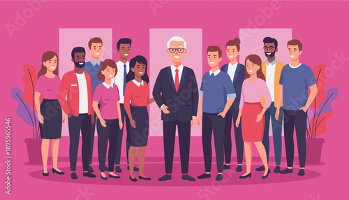 Diverse business team smiling with their senior leader representing corporate success and collaboration