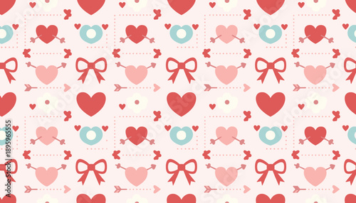 Cute seamless vector pattern of hearts bows and arrows in pastel colors for romance and Valentines Day