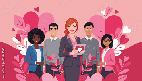 Diverse professional team smiling surrounded by pink hearts and florals symbolizing community and care