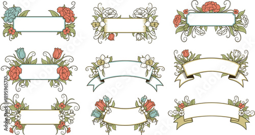 Set of vintage floral frames and ribbon banners with hand drawn flowers and elegant scrolls in a rustic vector style for labels and wedding stationery.