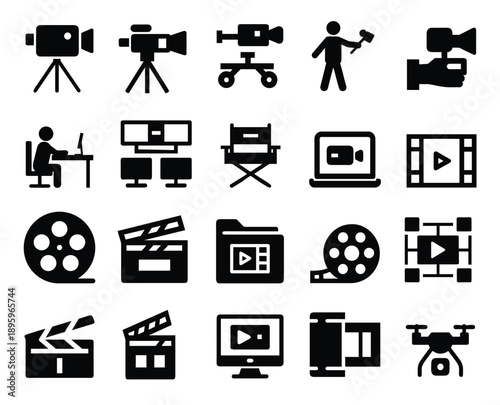 Video production and filmmaking silhouette icon set, cinema media content creation, camera tripod and clapperboard, drone photography, and more vector illustration with editable stroke.