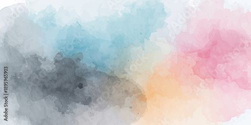 Hand painted abstract watercolor painting featuring a bright sky with blue clouds and dark smoke textures on vintage grunge paper