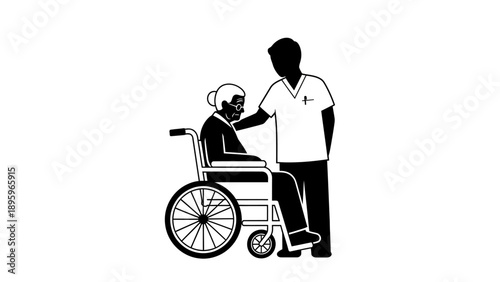 Elderly woman in wheelchair with caregiver.