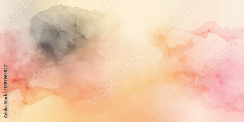 Hand painted abstract watercolor background featuring a blue sky with white clouds and artistic smoke textures on vintage paper