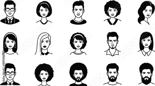 Fifteen Black and White Line Art Icons of Diverse People's Faces illustration