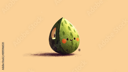 Adorable teardrop-shaped creature with a face and an eye-window, smiling on a tan background