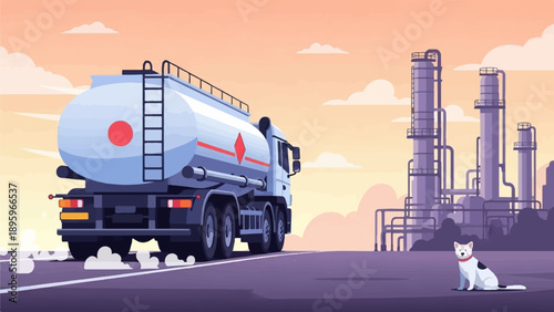 Tanker truck approaches refinery with a dog watching