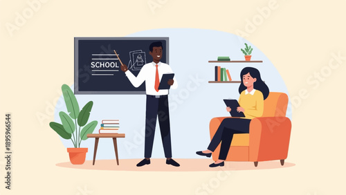 Teacher instructing a student in a classroom setting with a chalkboard and books
