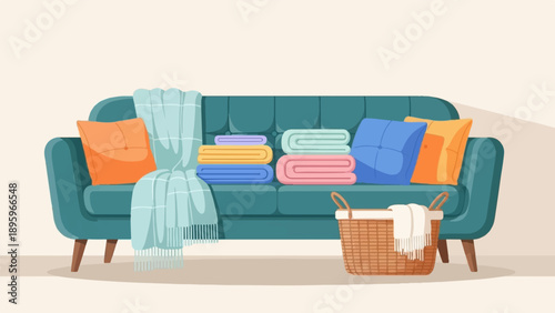 Teal couch with stacked blankets, pillows, and woven basket