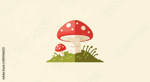 Stylized red mushrooms with white spots on green mossy ground
