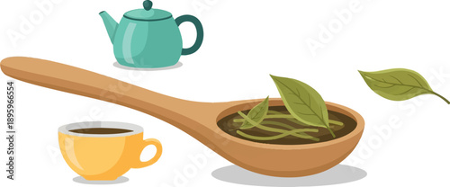 Teal teapot, wooden spoon with tea leaves, and a yellow cup