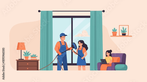 Team cleans windows while woman works on laptop indoors