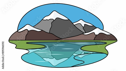 Stylized snow-capped mountains reflected in a calm blue lake with green shores