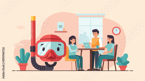 Team collaborating with scuba mask and plants in bright office