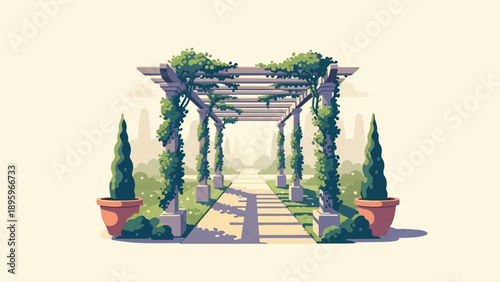 Sunlit garden path under an ivy-covered pergola with cypress trees
