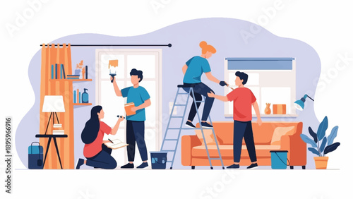 Team of people painting a room, refreshing home interior