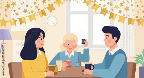 Three friends gather for coffee, enjoying conversation under festive decorations