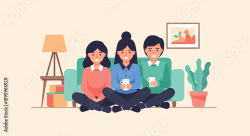 Three friends sitting cross-legged on floor holding mugs by couch, lamp, plant