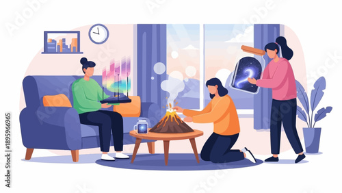 Three people engage in indoor activities technology, science experiment, and space observation