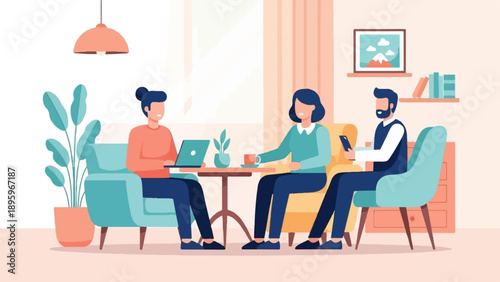 Three people in a cozy living room, one on laptop, one with coffee, one on phone