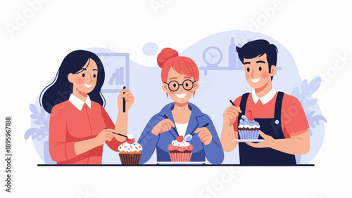 Three people joyfully decorating and enjoying delicious cupcakes