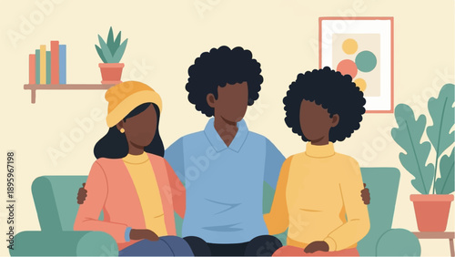 Three people of color sit close together on a teal couch in a home setting