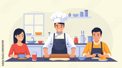 Three people in a kitchen preparing dough and food