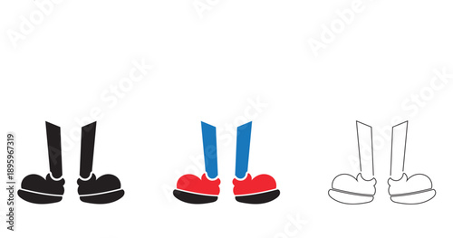 Cartoon Legs and Shoes Pose icon Set. Collection of black , colour and white cartoon legs with shoes in different walking and standing poses, playful animation elements for comics and design.

