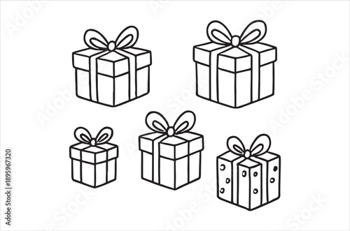 A collection of four simply drawn gift boxes each adorned with a decorative ribbon and bow