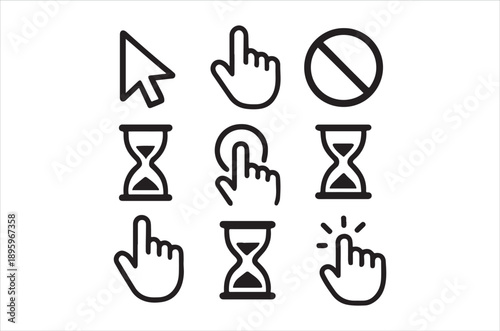 A collection of simple black and white icons depicting computer controls hands and time