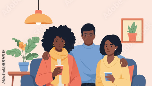 Three people relax indoors, holding drinks and sitting on a sofa