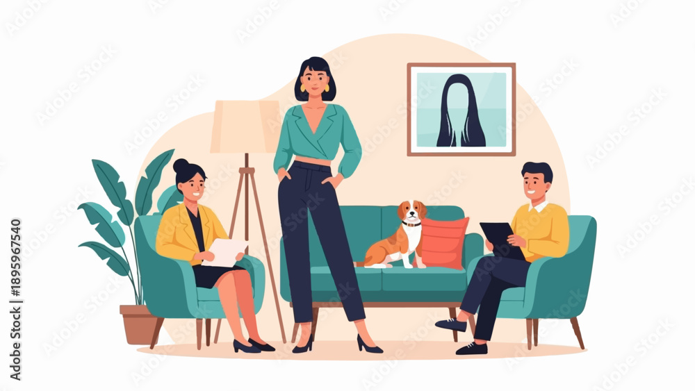 Fototapeta premium Three people, a dog, and plants in a room, with a lamp and picture