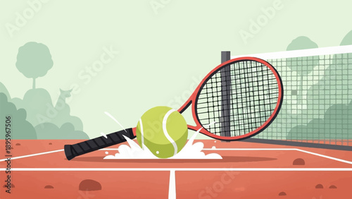 Tennis ball bouncing on clay court with racket and net in background