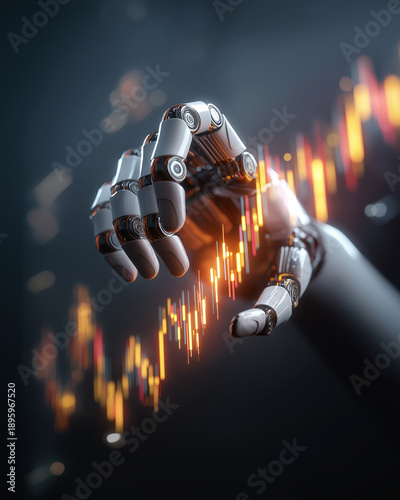Humanoid hand touch digital touchscreen display business graph chart.