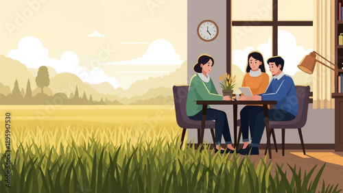 Three people seated at table, indoor scene with view of golden fields and hills